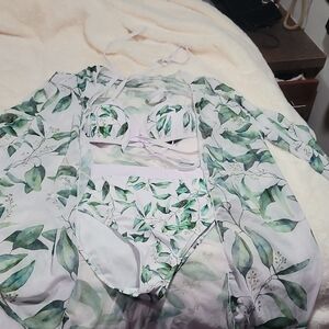 Leaf Print Bikini Set with Cover-Up
